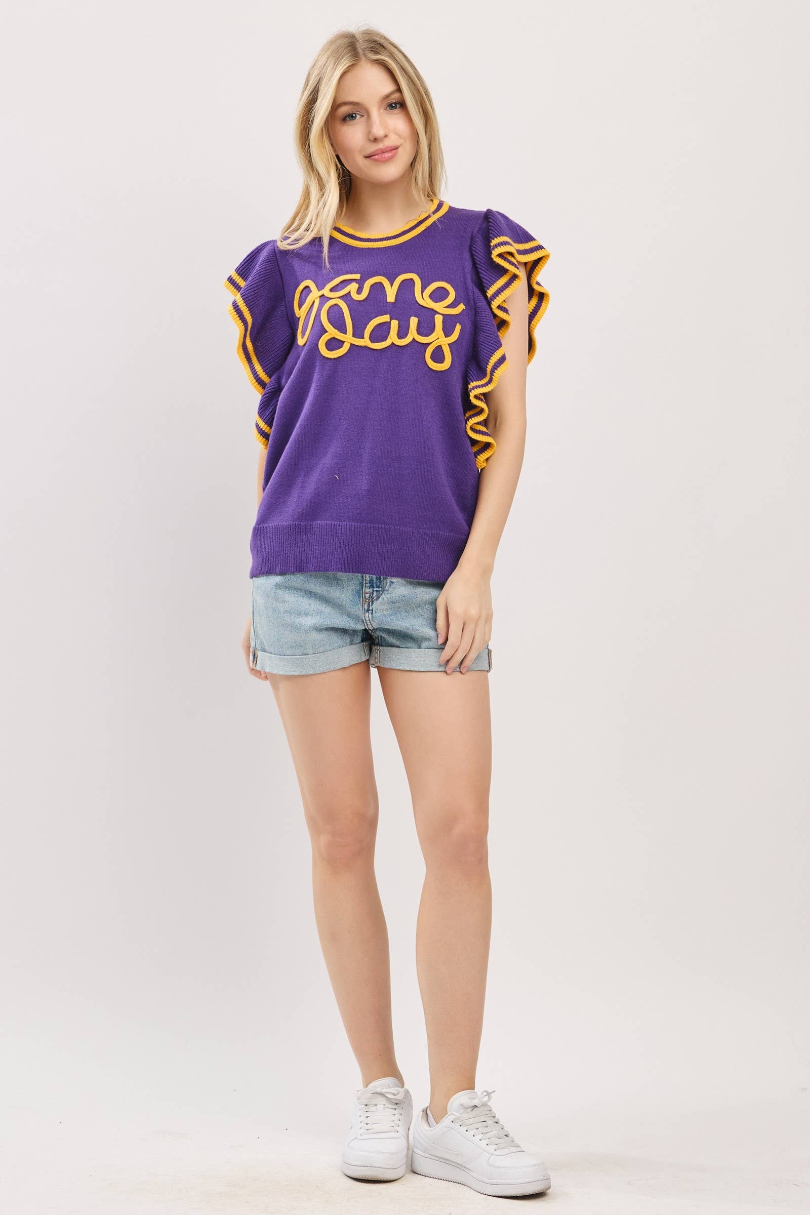 Sewn and Seen - Vente Haut en maille – femme - Haut en maille de jour de match à manches volantées style universitaire40