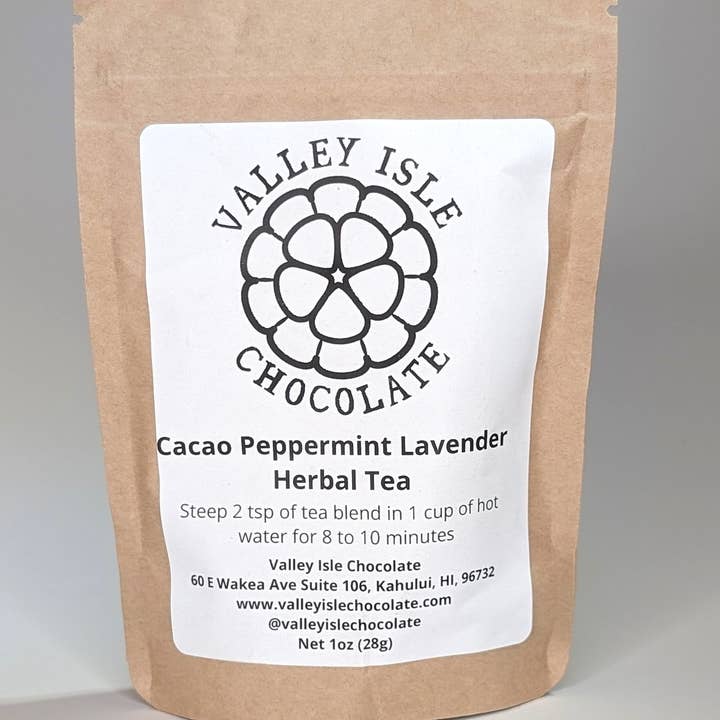 Cacao Peppermint Lavender Herbal Tea 1oz Bag 10 Case for wholesale by Valley Isle Chocolate