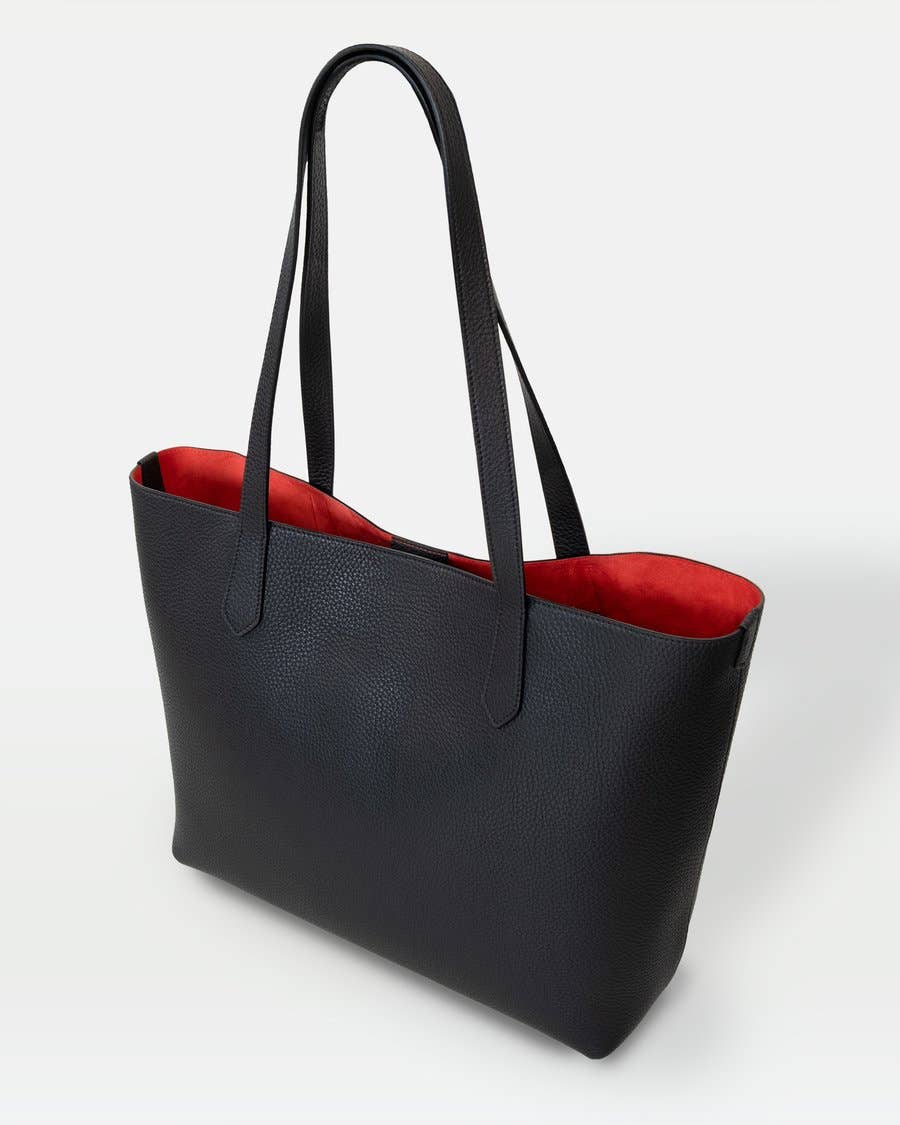 Black leather tote bag with red inside sale