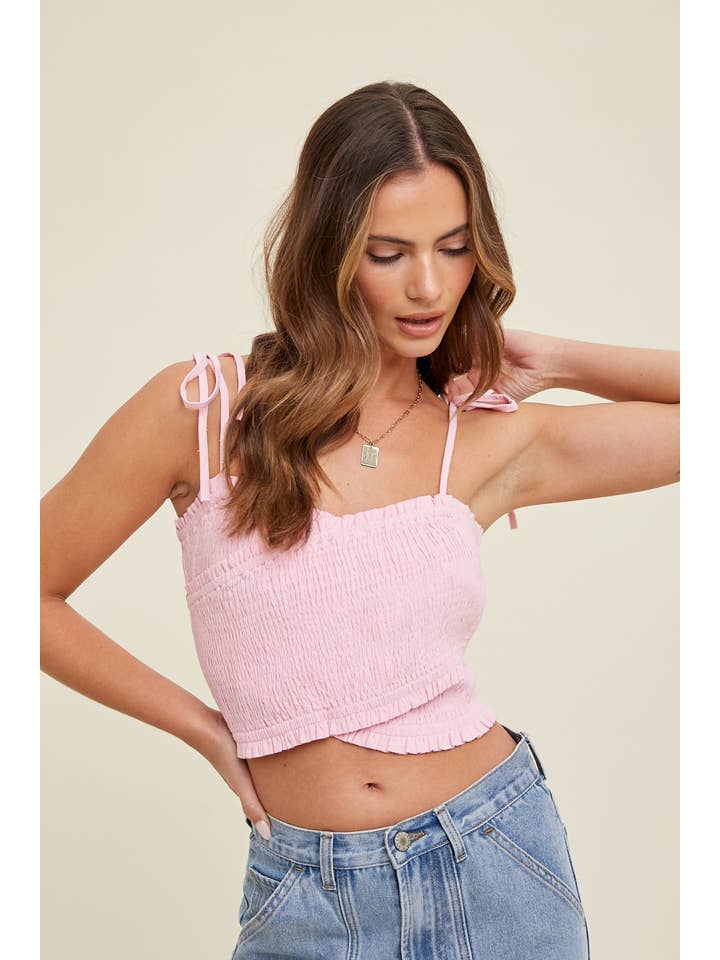 Wishlist Apparel – Großhandel Strickoberteil – Damen – CROSSOVER-MINI-MODELL MIT GESMOKTEM CROSSOVER-SCHNITT/WL23-8343