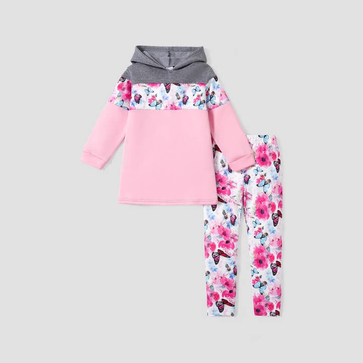 PatPat – Großhandel Top- & Hosen-Set – Kinder – 2-teiliges Kapuzen-Sweatshirt- und Hosen-Set mit Blumenmuster9
