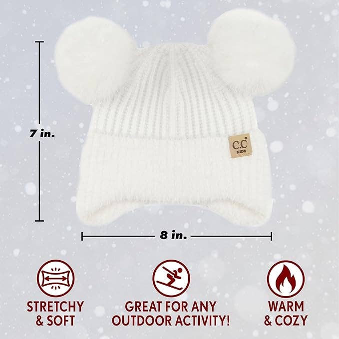 Funky Junque - Wholesale Beanie - Kids - Kids Double Pom Chenille Earflap Beanie - White2