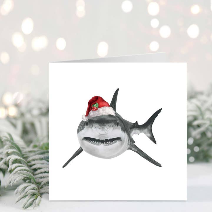 Vega the Shark Santa Hat Festive Christmas Card for wholesale by Libra Fine Arts