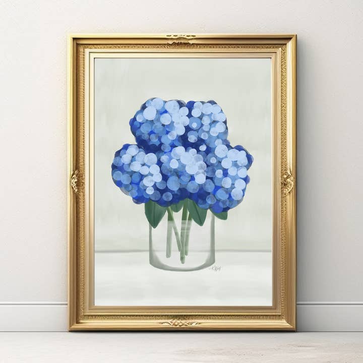 Blue Hydrangeas in Vase Art Print, Blue and White Art for wholesale by Art and Soul