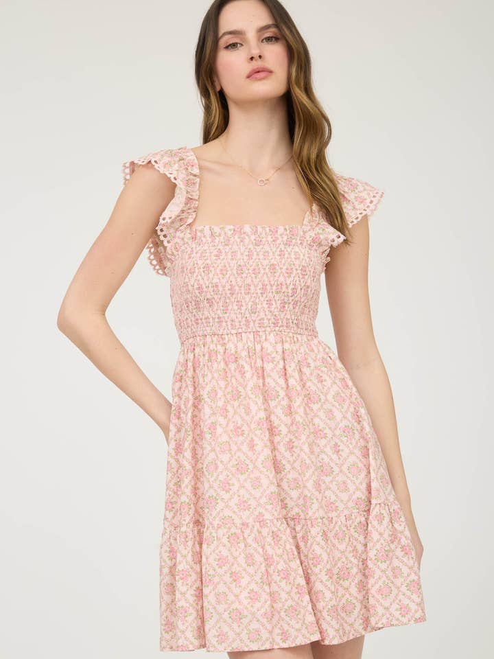 Blu Pepper – Vestido - Mulher por atacado – Vestido mini franzido com padrão de treliça floral