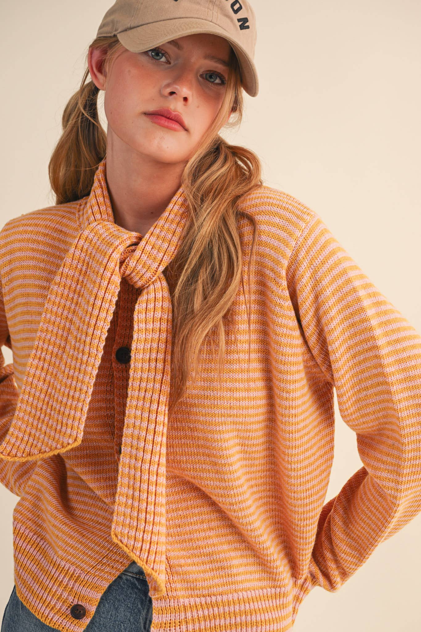 &MERCI - Wholesale Knit Sweater - Women's - STRIPED TYING NECK SWEATER CARDIGAN MSW1112527