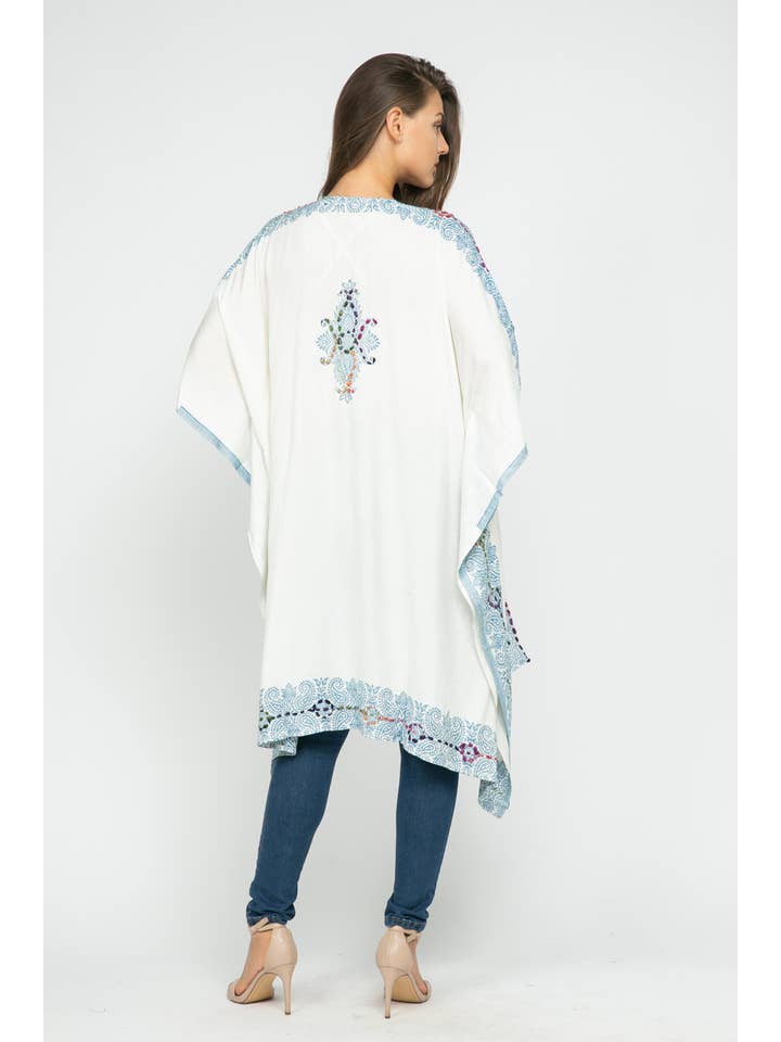 Raj Trading & Imports (USA) Inc. - Wholesale Kimono - Women's - Tatiana White Blue Thick Stitch Kimono Short Sleeve1