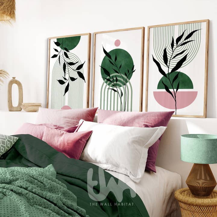 THE WALL HABITAT - Wholesale Gallery Wall Set - Set of 3 Green and Pink Wall Art Prints3
