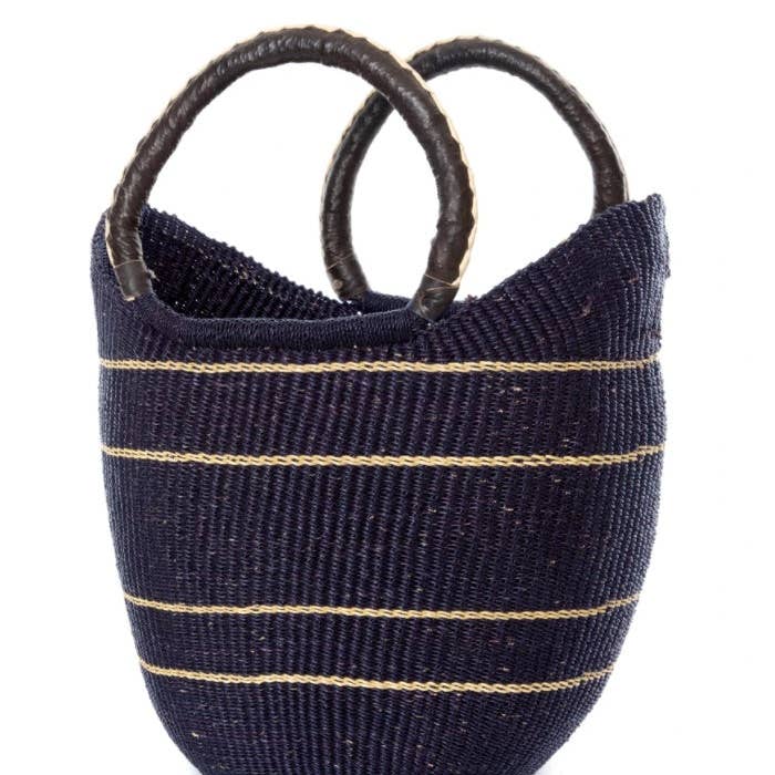 The African Home Goods - Wholesale Beach Bag - Midnight Blue U-Shopper Ghana Beach Tote Bag/Basket with Black Leather Handles2