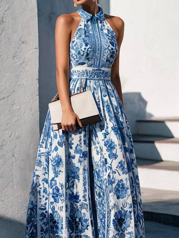 BLUE Floral Print A-Line Maxi Dress with Split Lapel - Loose Fit for wholesale on Faire