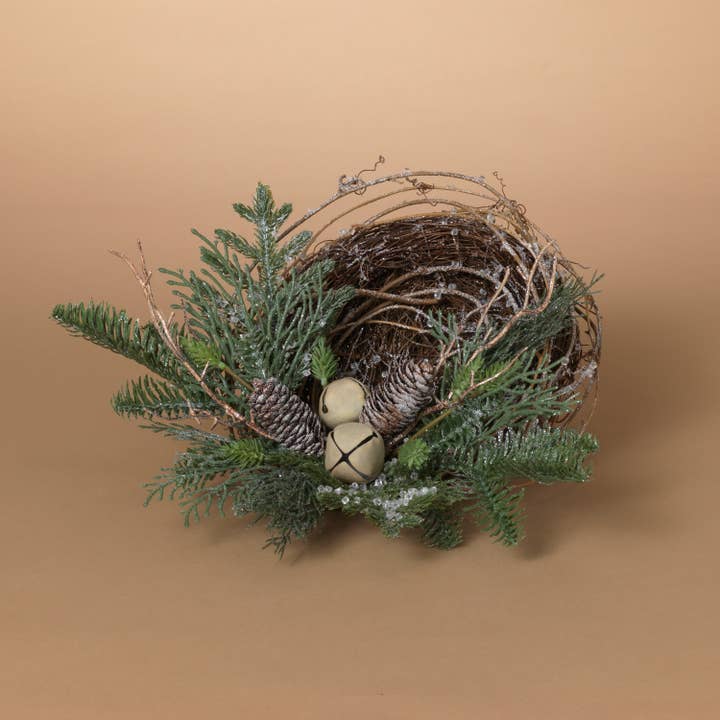 The Gerson Companies - Wholesale Christmas Decoration - Gerson Christmas 8"L Vine Bird Nest w/ Jingle Bells & Pineco