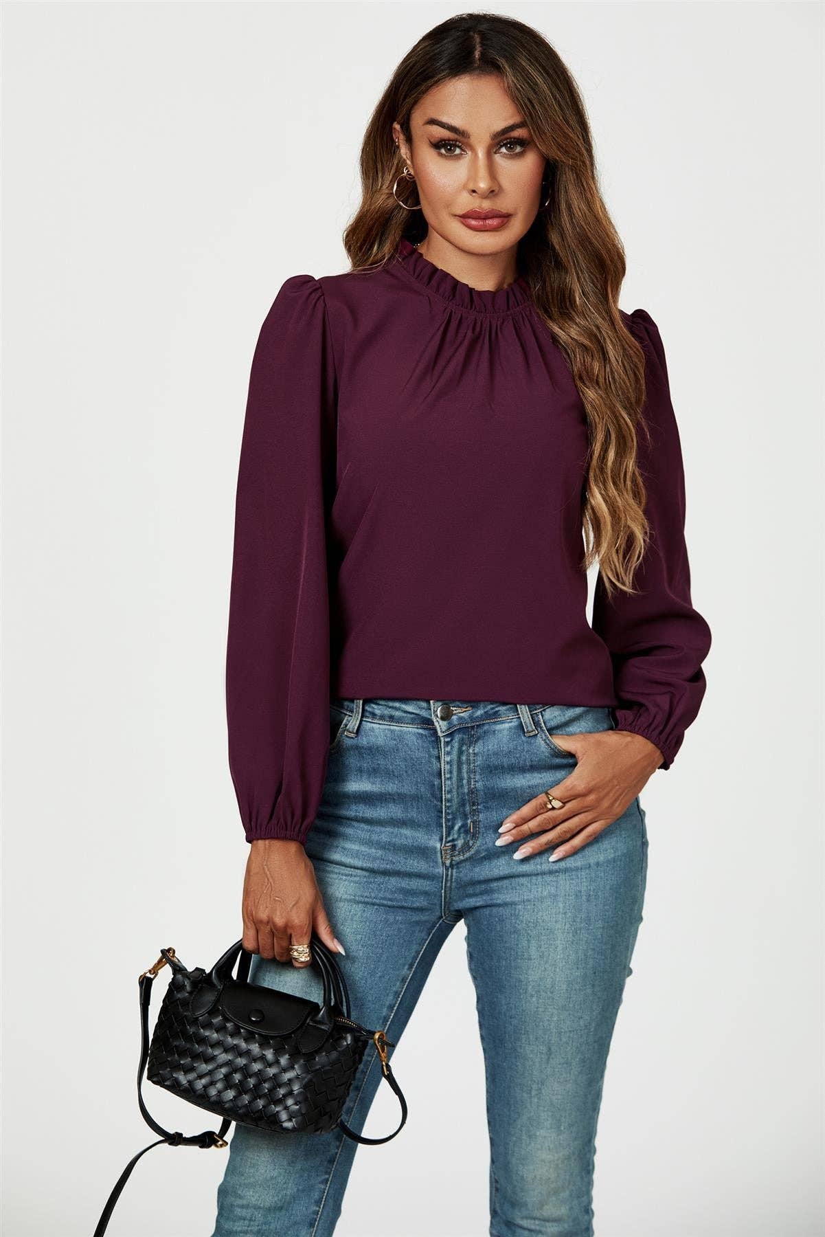 Frill Detail High Neck Top In Plum for wholesale on Faire4