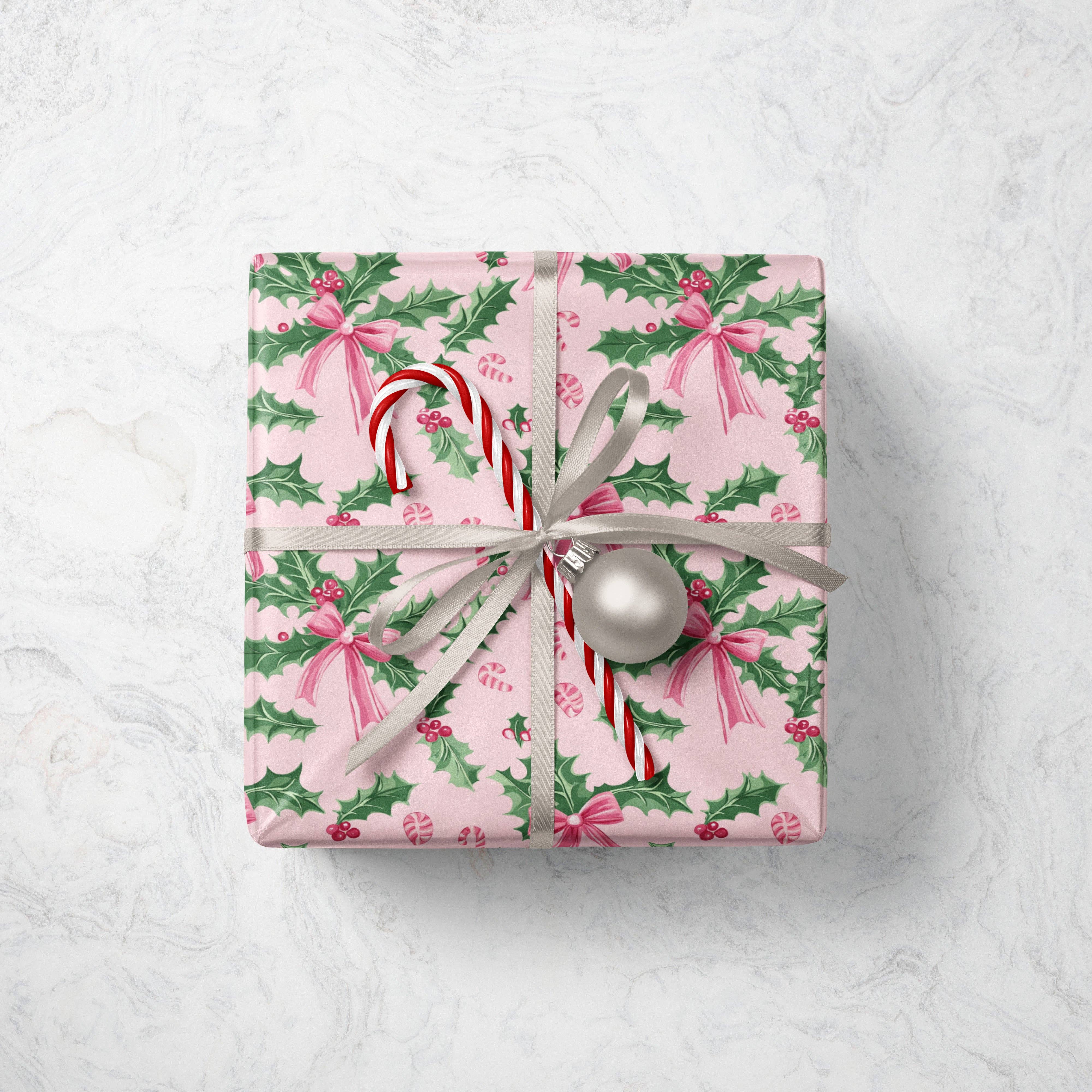MagicMerchEmporium - Wholesale Wrapping Paper Roll - Pink Holly & Bows Christmas Wrapping Paper1