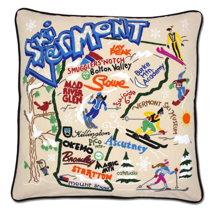 Ski Vermont Hand-Embroidered Pillow for wholesale by catstudio