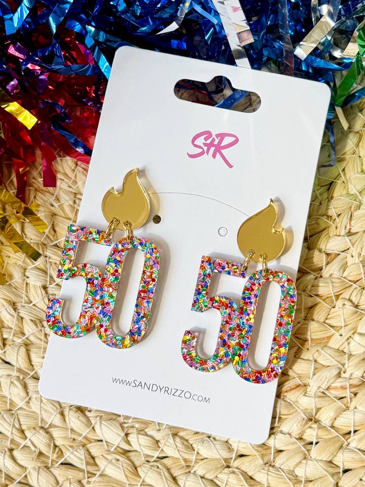 50th Birthday Acrylic Dangle Earring for wholesale by Sandy + Rizzo