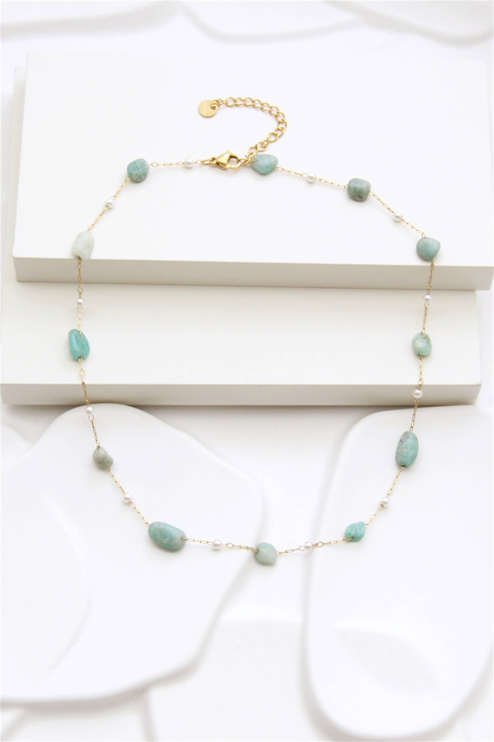 gold Stainless steel necklace adorned with natural stones and pe for wholesale on Faire1