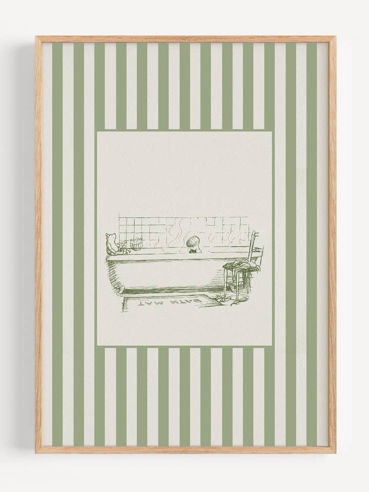 Groene Winnie de Poeh Badtijd Print | Klassieke Kinderkamer Muurkunst I161-12 voor wholesale door Peardrop Prints