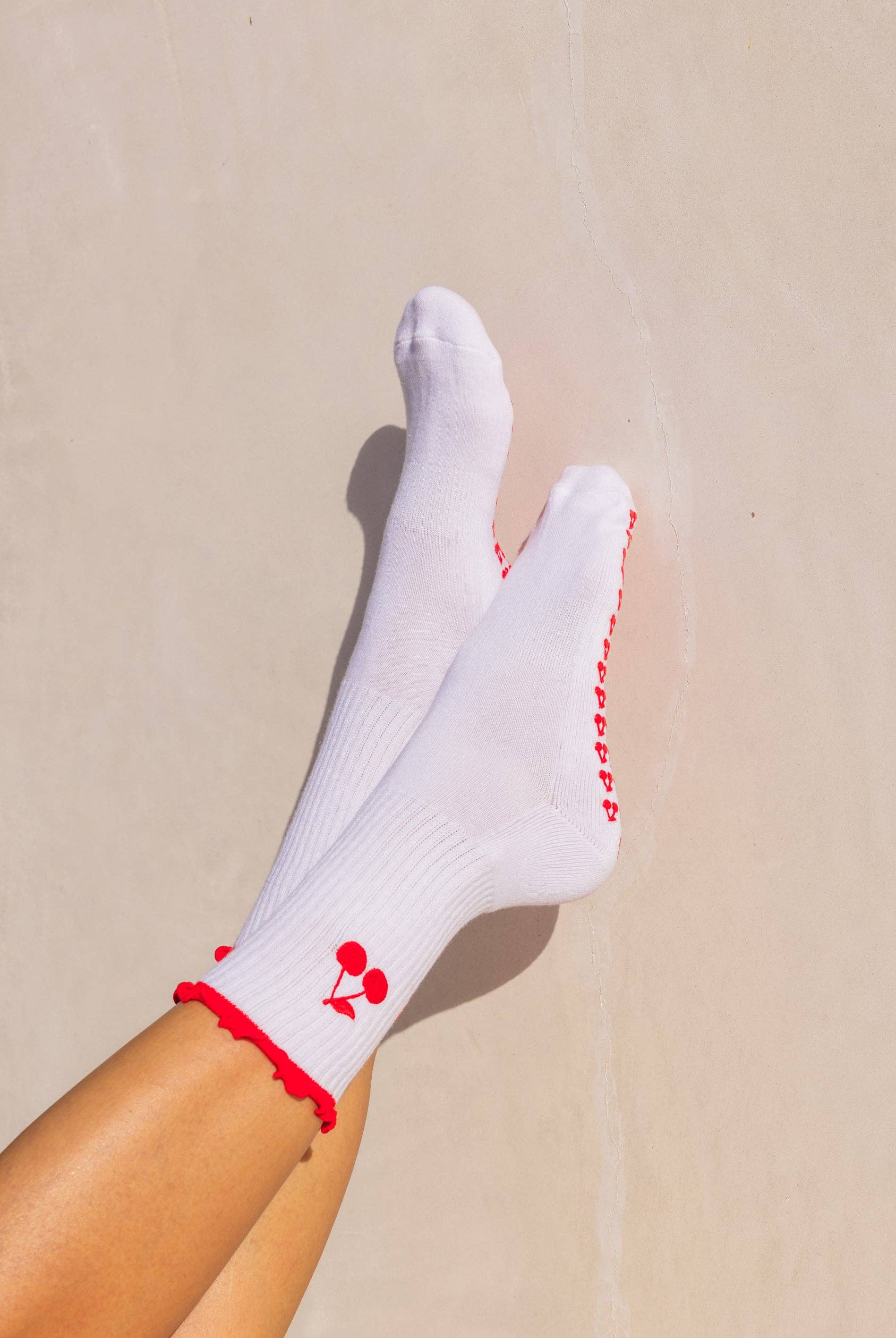 White Popped My Cherry Pilates Grip Socks for wholesale on Faire4