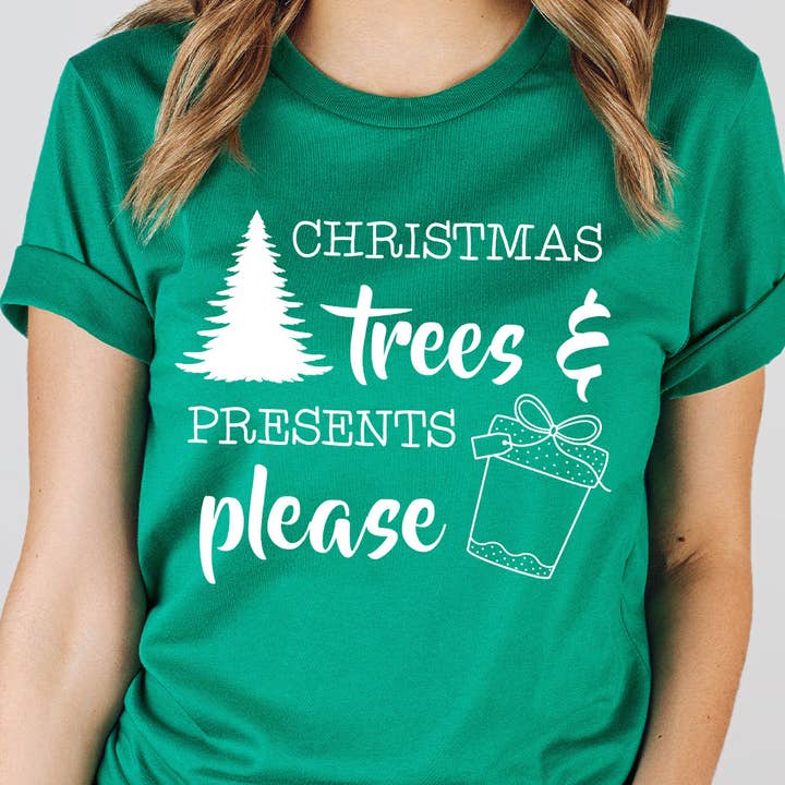 Weihnachtsbäume und Geschenke Bitte Feiertags-Grafik-T-Shirt für den Großhandel von Select Apparel