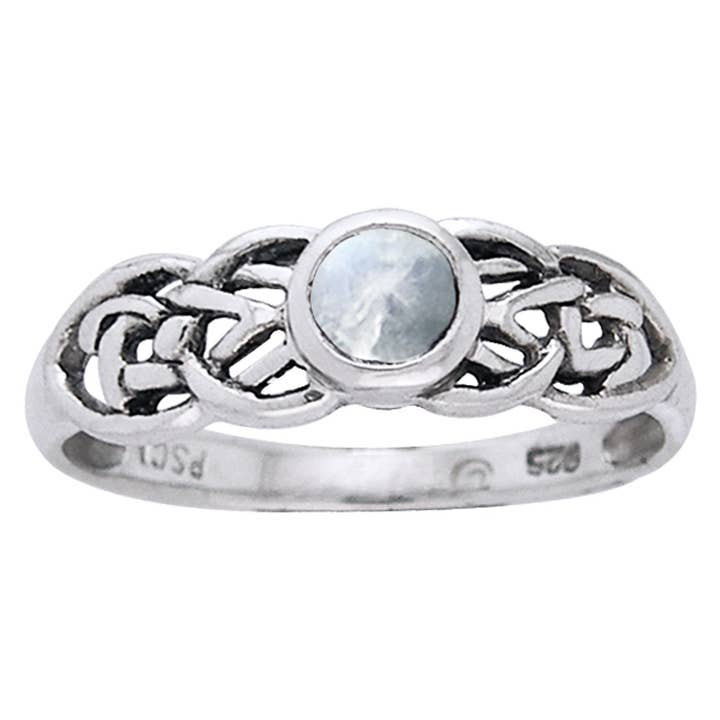 Petite Celtic Knot Birthstone Ring Sterling Silver Genuine Rainbow Moonstone For June for wholesale by Silver Insanity