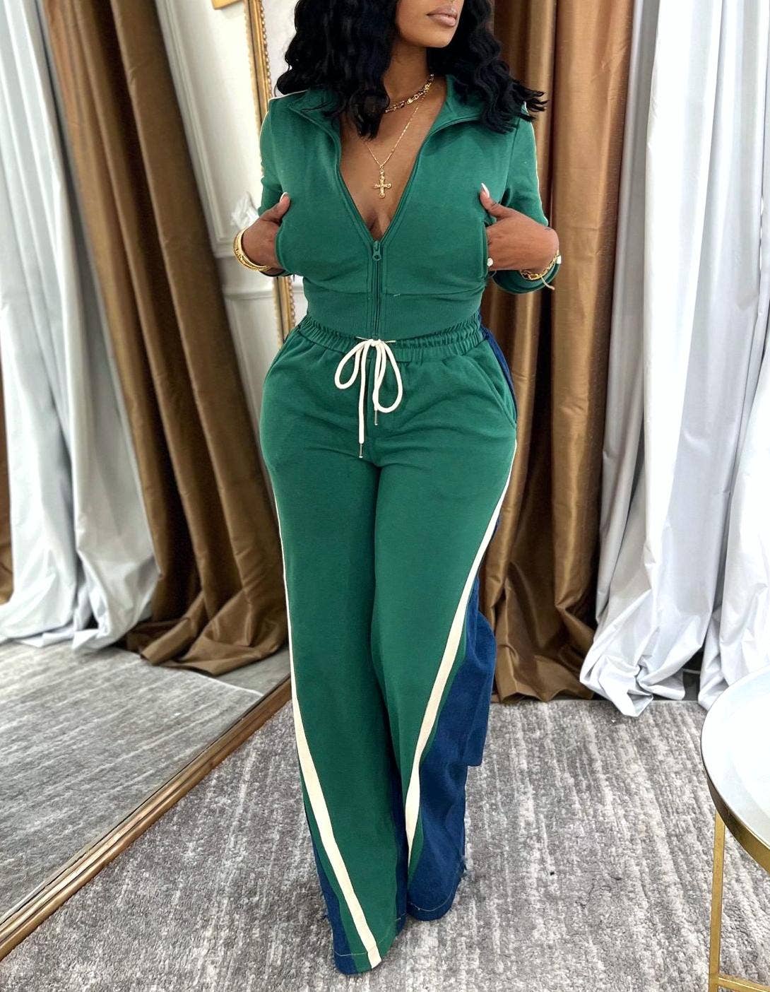 HIDDENBRAND - Wholesale Top & Pant Set (NOT Loungewear) - Women's - Long sleeves zip patchwork crop jacket pants set 2 pcs4