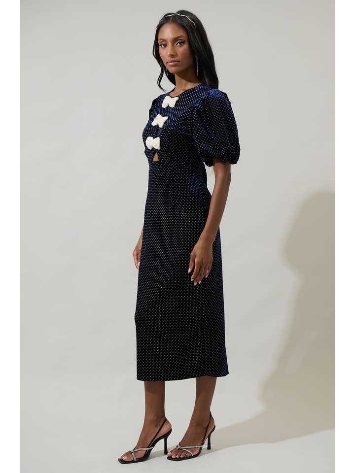 Marinha Vestido Midi Nelly Dot Velvet Pearl Bow para venda a revendedores na Faire4