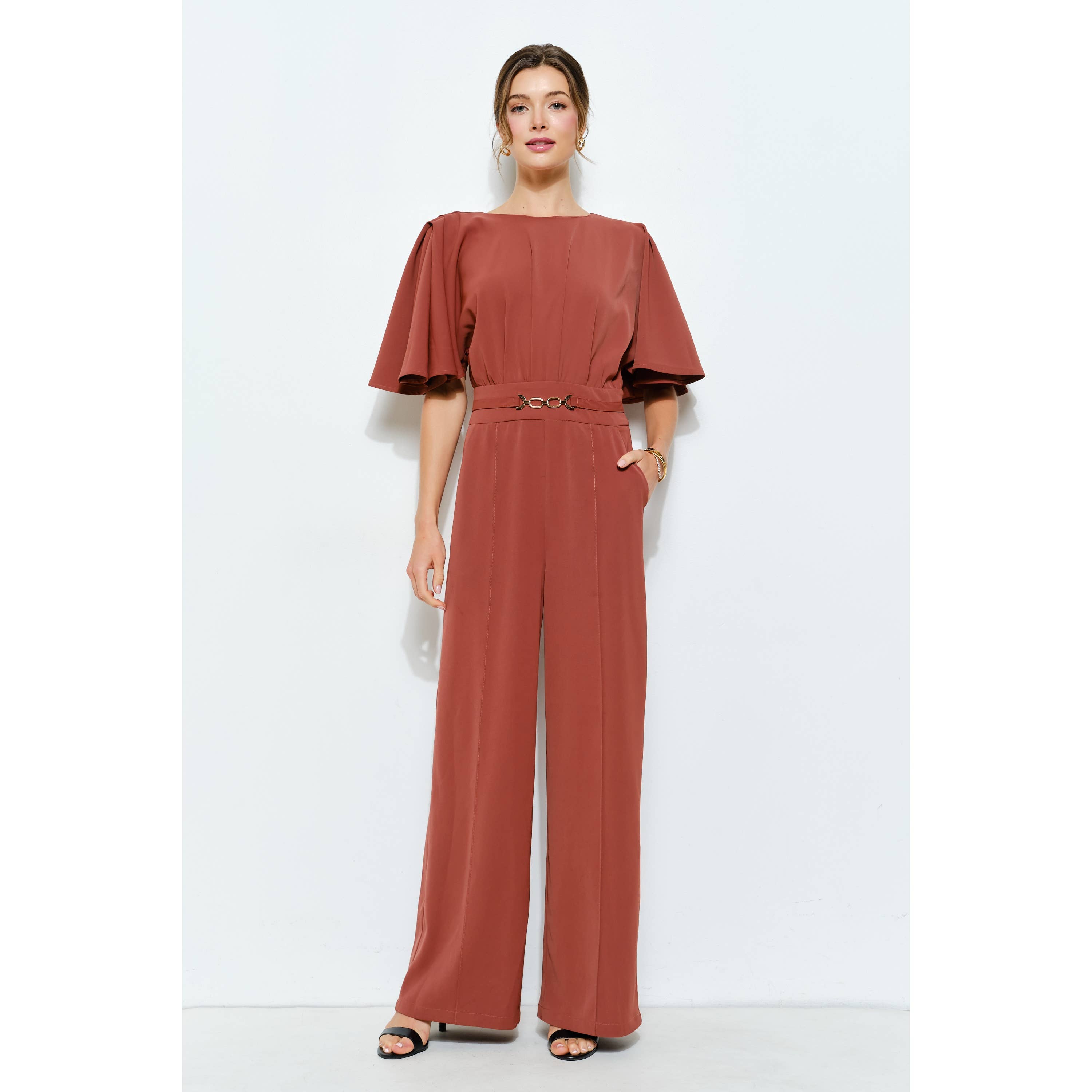 INA - Wholesale Romper - Women's - Flutter Kimino Sleeve Buckle Detail Wide Jumpsuit32