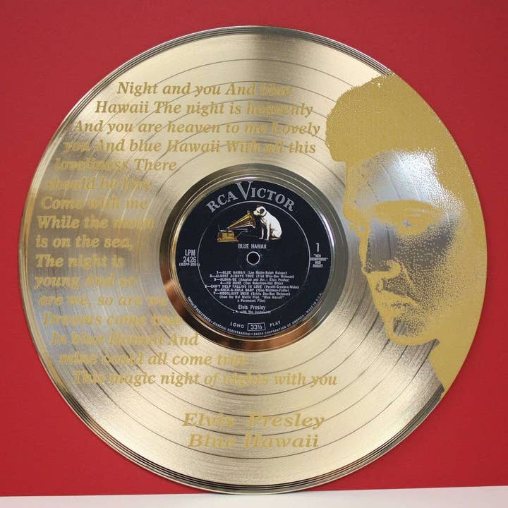 Gold Record Outlet - Venta al por mayor Artículo decorativo de mesa - Elvis Presley Blue Hawaii grabado a láser, edición limitada, álbum dorado, LP R