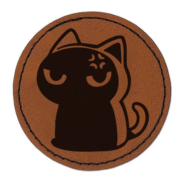 Angry Grumpy Mad Cat Dark Shadow Reaction Round Iron-On Engraved Faux Leather Patch Applique - 2.5 Inch for wholesale by Sniggle Sloth