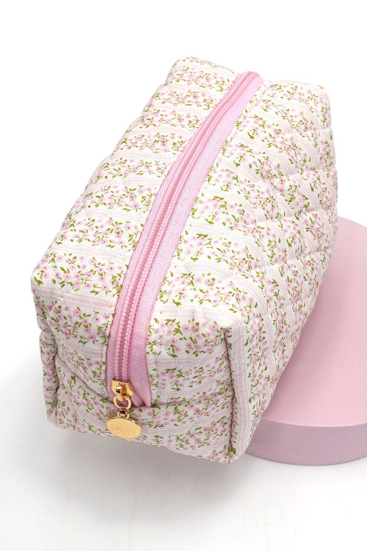 Pink FLORAL QUILTED COTTON DITSY COSMETIC POUCH BAG | 40P555 for wholesale on Faire3