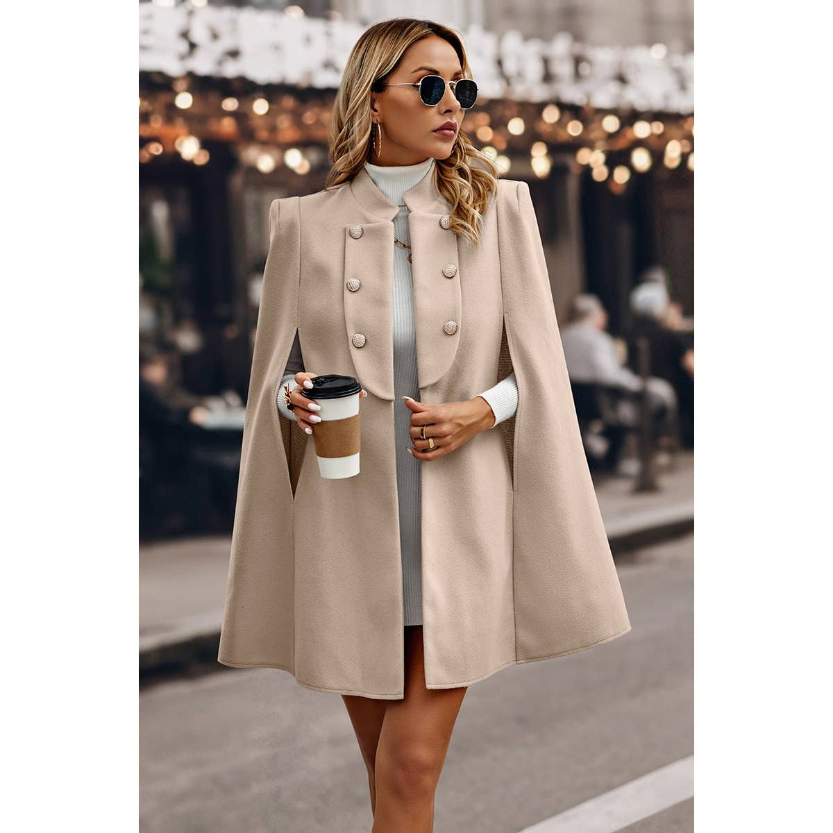 Supreme Fashion - Wholesale Coat - Women's - Solid Cloak Sleeve Double Breasted Cape Coat2