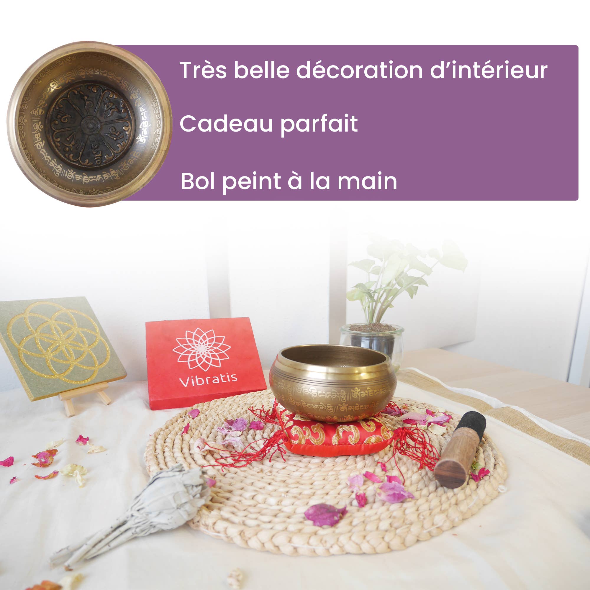 Vibratis - Vente Accessoire de méditation - Bol tibétain artisanal mantra - Fabriqué au Népal2