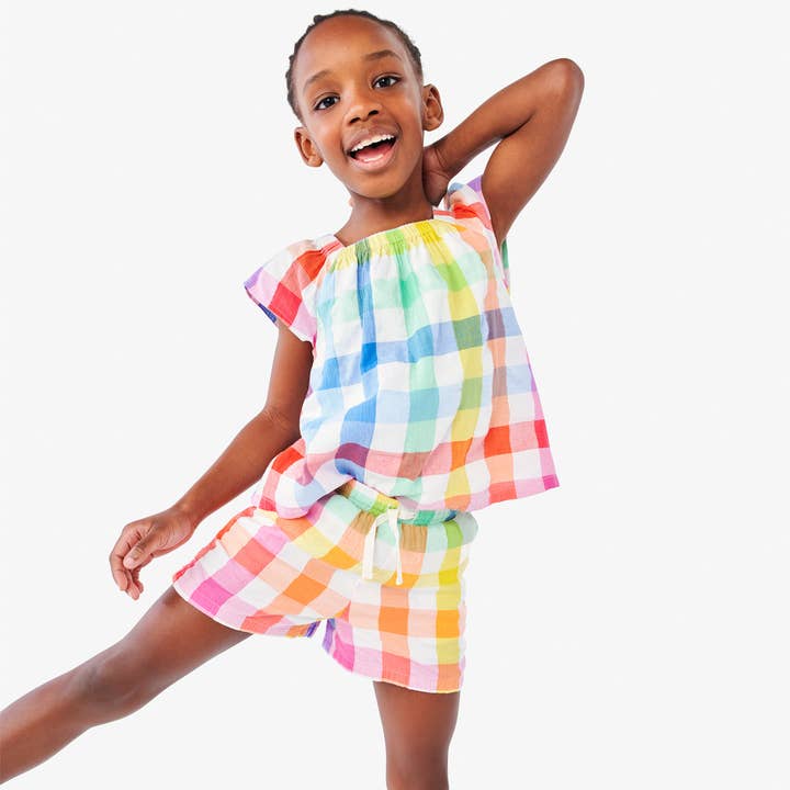 Kids Beach Short In Rainbow Gingham for wholesale on Faire