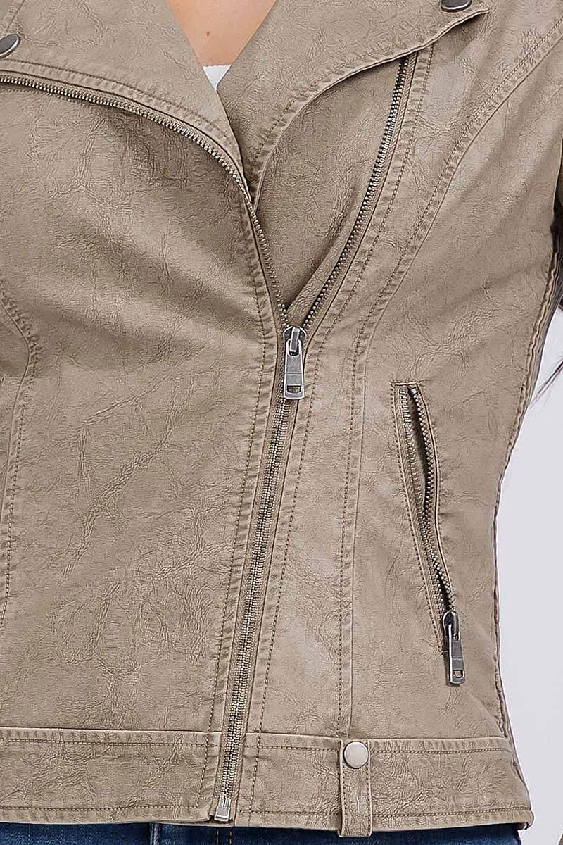 ROUSSEAU - Wholesale Leather Jacket - Women's - SOLID PU PLEATHER ZIP UP DRAPED MOTO JACKET5