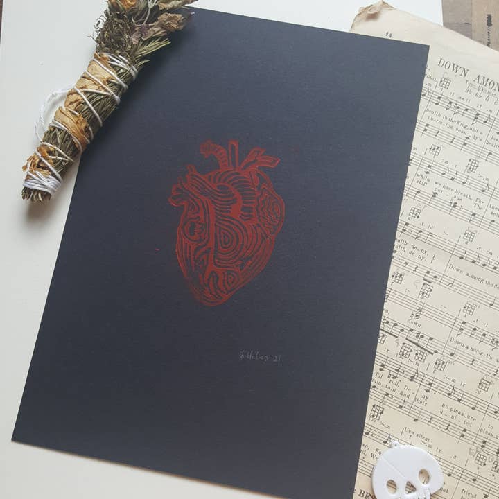 Red Heart on Black - Lino Print for wholesale by Minifi's Oddities