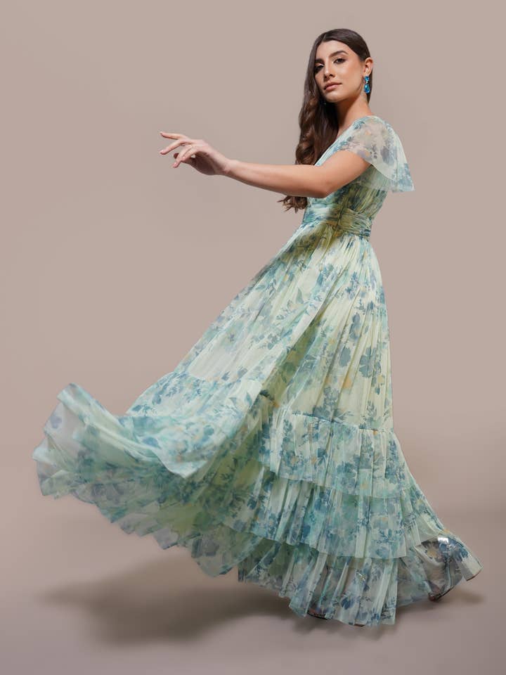 Madison Tulle Maxi Dress in Light Sage Floral for wholesale by Lace & Beads