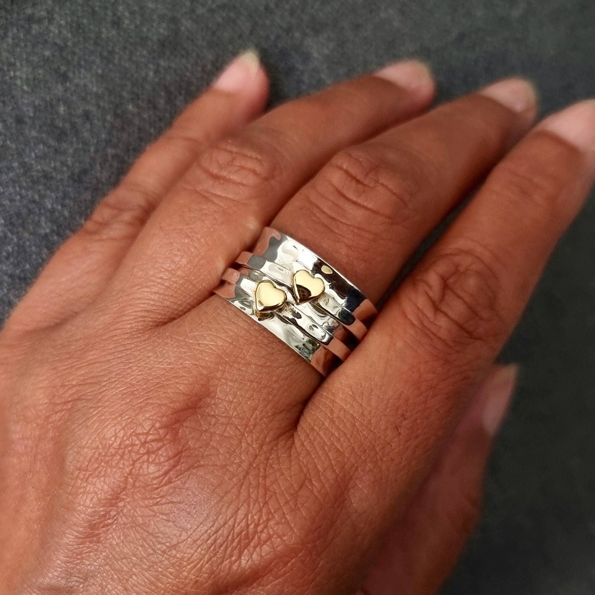 Mistry Gems – wholesale Band/stacked ring – Wide Gold Heart Spinner Ring | 925 Sterling Silver & Brass, SP057