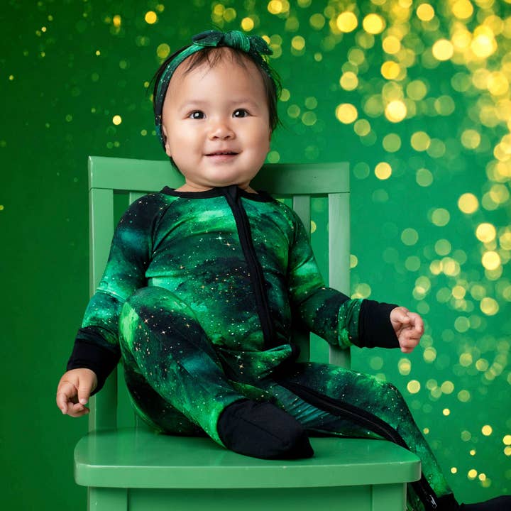 Wicked Cute | Green Galaxy Elixir | Convertible Bamboo Zipper Baby Pajamas for wholesale by Little Popp Crew