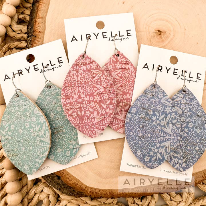 Detailed Easter Egg Cork + Leather Wide Petal Earrings for wholesale by Airyelle Designs