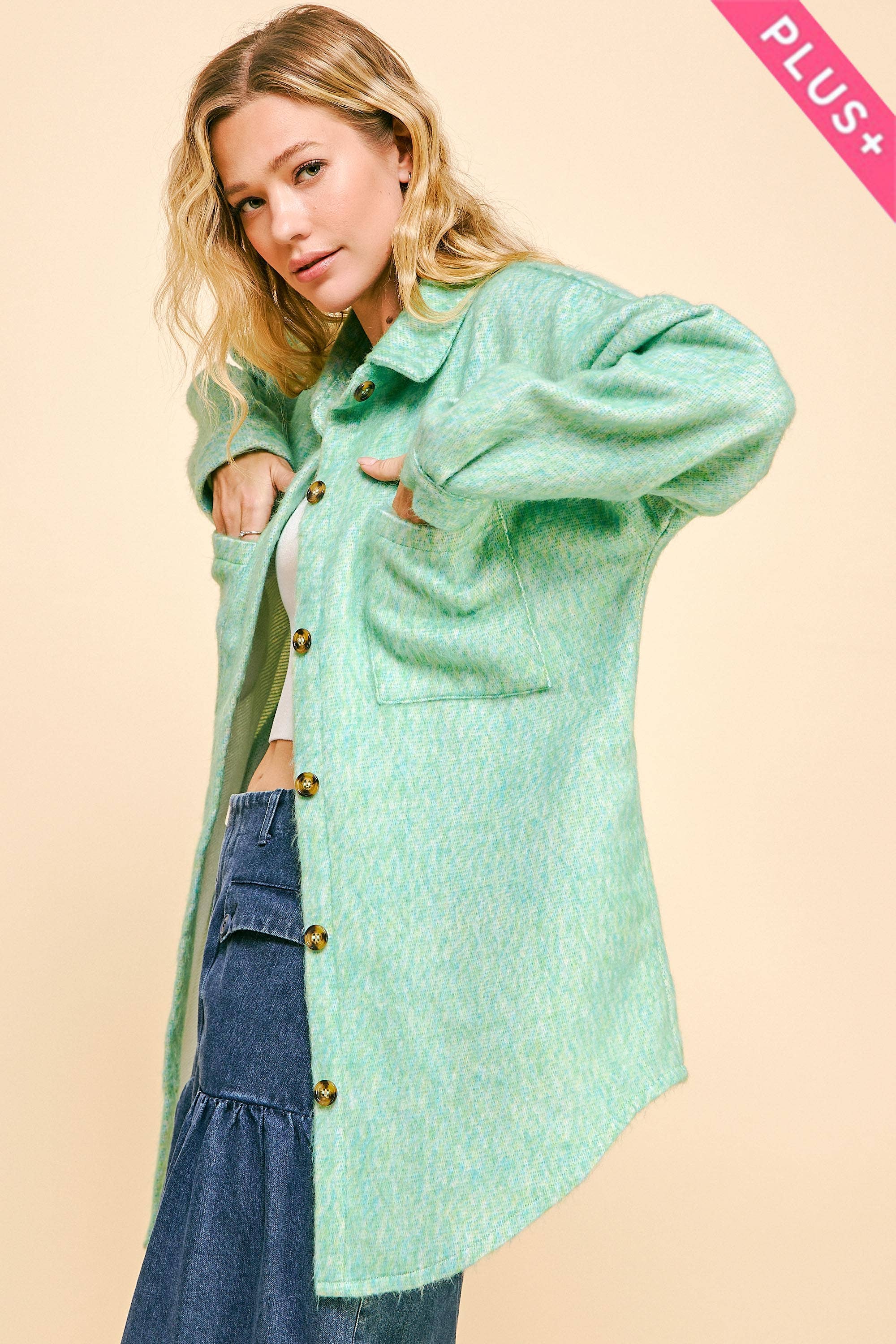 MINT GREEN PLUS FUZZY TEXTURED CHEST POCKET BUTTON UP JACKET for wholesale on Faire3