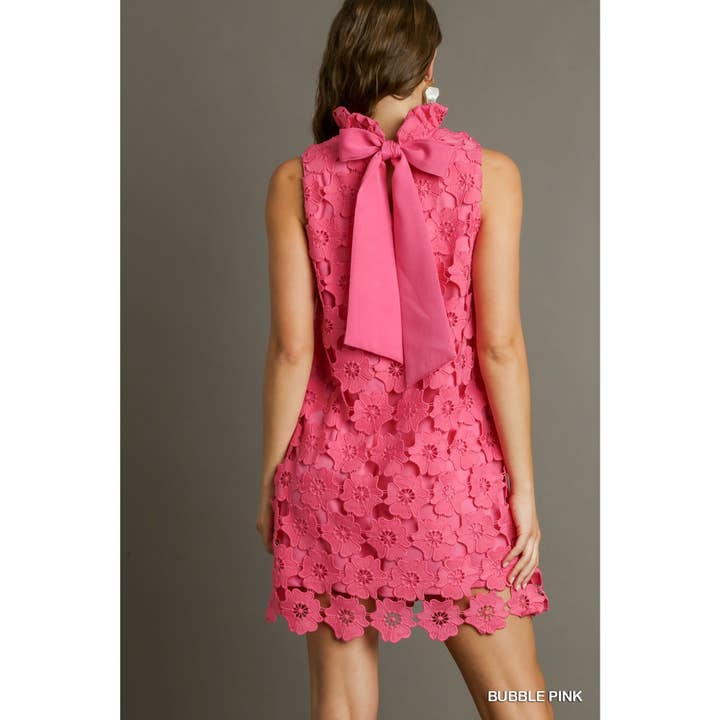 BNS - Wholesale Dress - Women's - Floral Lace High Neck Sleeveless Dress w_Bow Tie