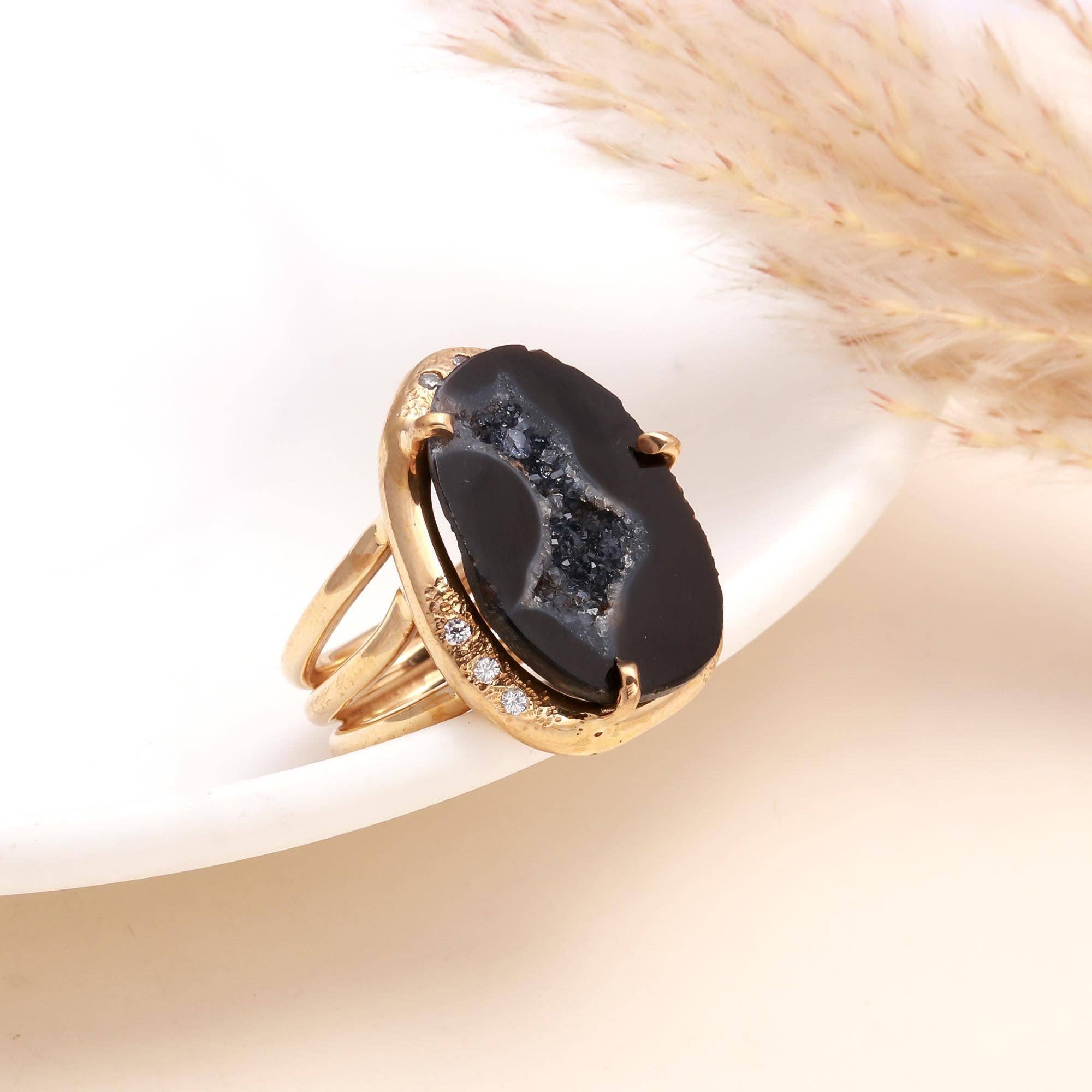 AG 925 JEWELLERY - Wholesale Cocktail/Statement Ring - 925 Sterling Silver Black Druzy Ring0
