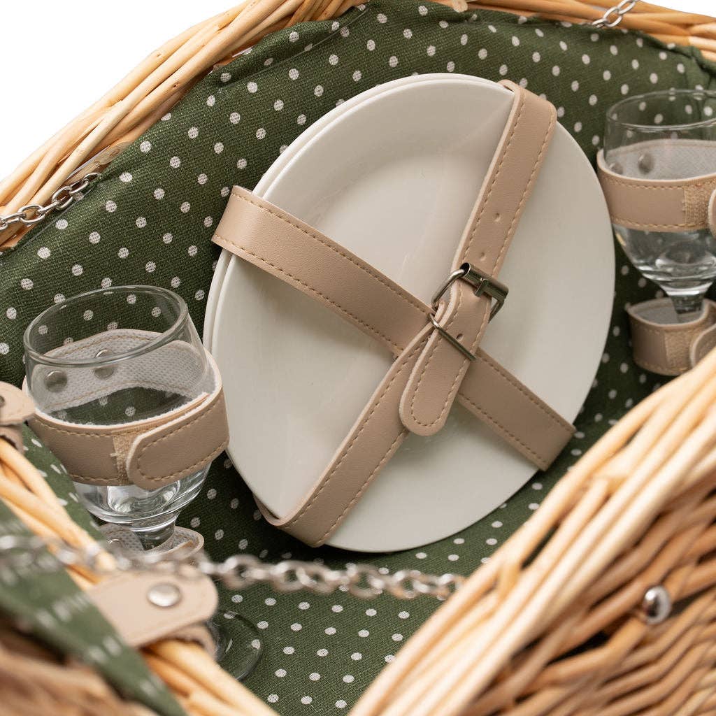 Arthur Cameron - Wholesale Picnic Basket - 2 Person Natural Wicker Green Polka Dot Picnic Basket4