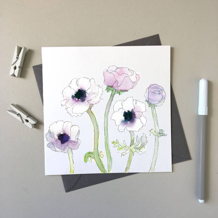 Anenomes - Biglietto di auguri disegnato a mano con il mio fiore preferito per la vendita all'ingrosso da parte di SJ. Vickery Designs Ltd.