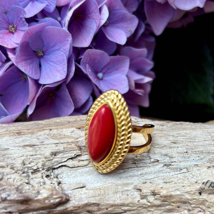 18ct Gold Plated Red Agate Statement Ring for wholesale by Ocean Ripples