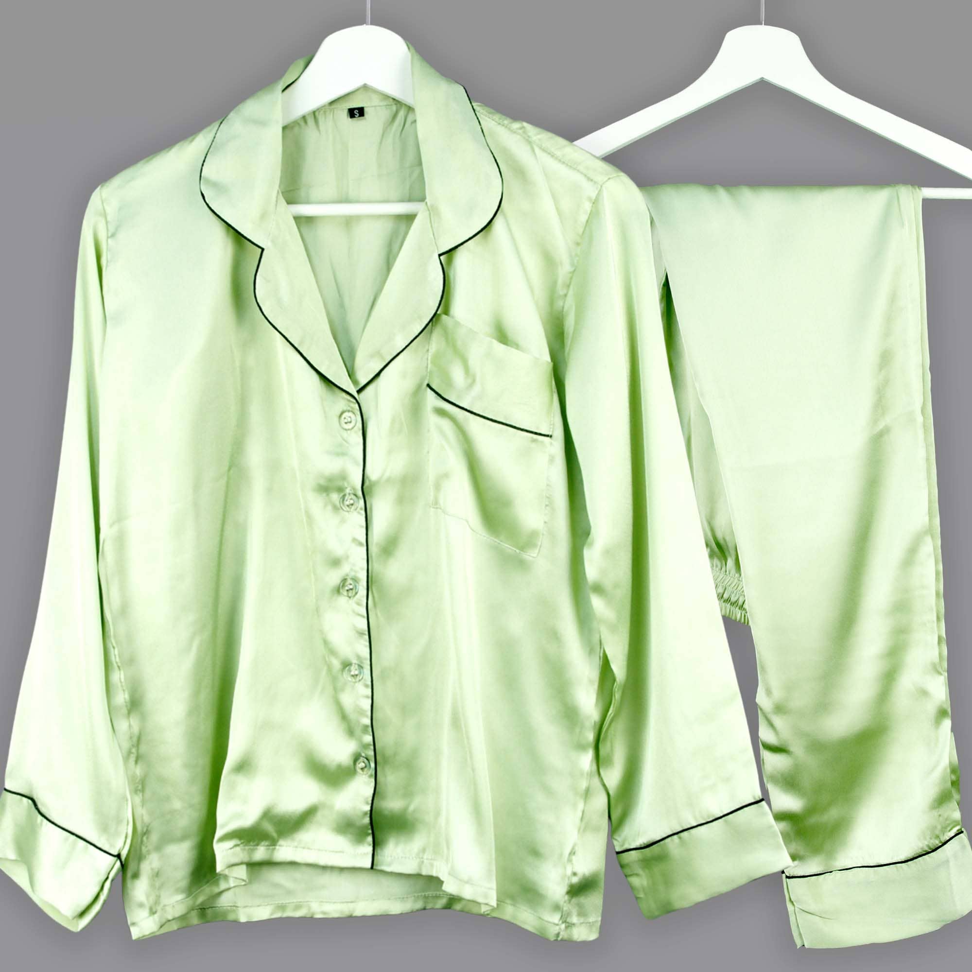 Kantha Decor – wholesale Sleepwear set – Women's – Long Satin Plain Without Pouch Pyjama Set - Sage0