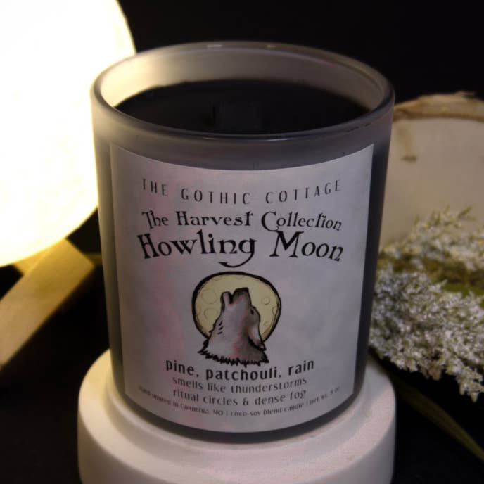 Pine & Rain—8oz black candle | Howling Moon for wholesale by The Gothic Cottage