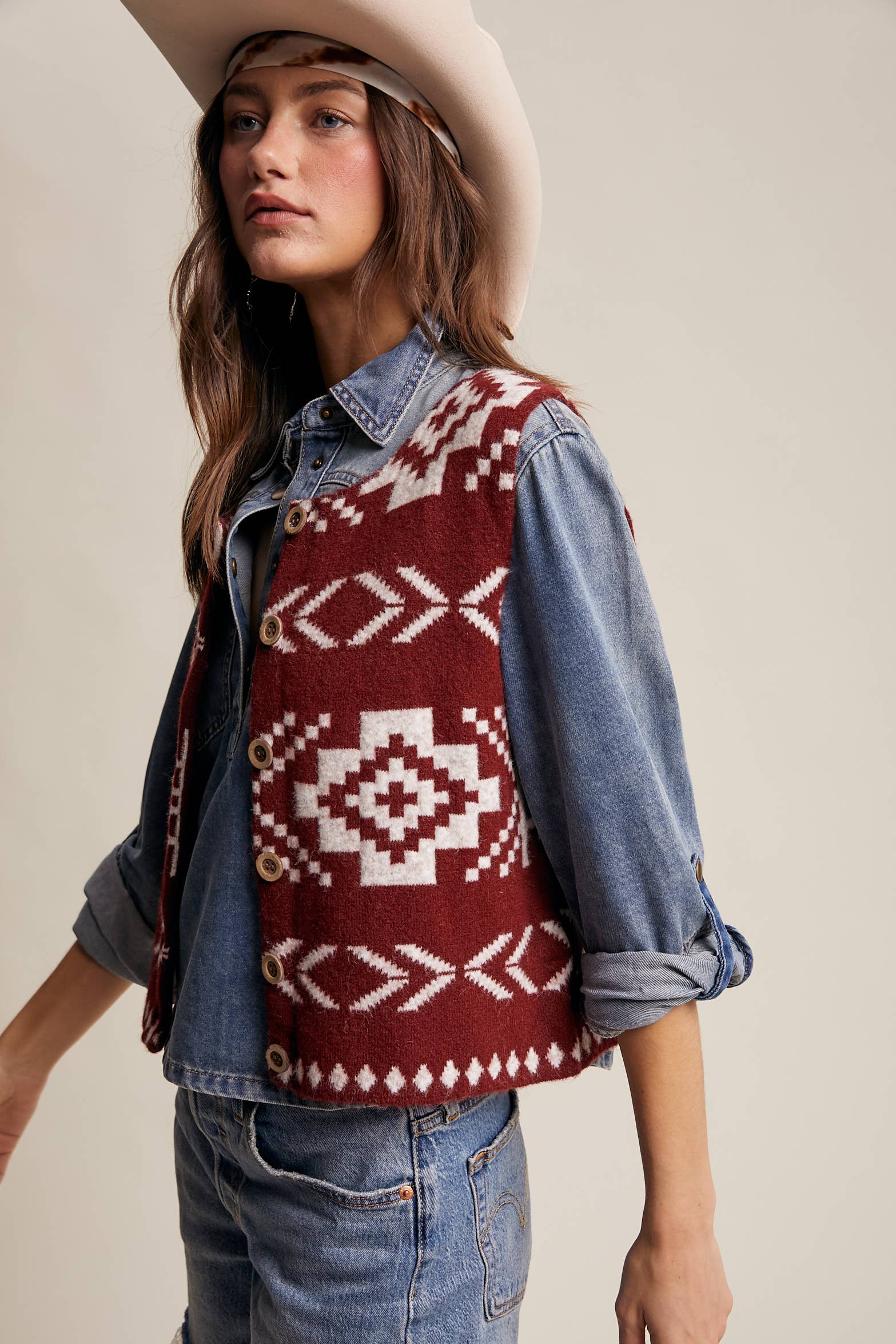 Listicle - Wholesale Sweater Vest - Women's - Southwestern Button-Up Vest LSW097714