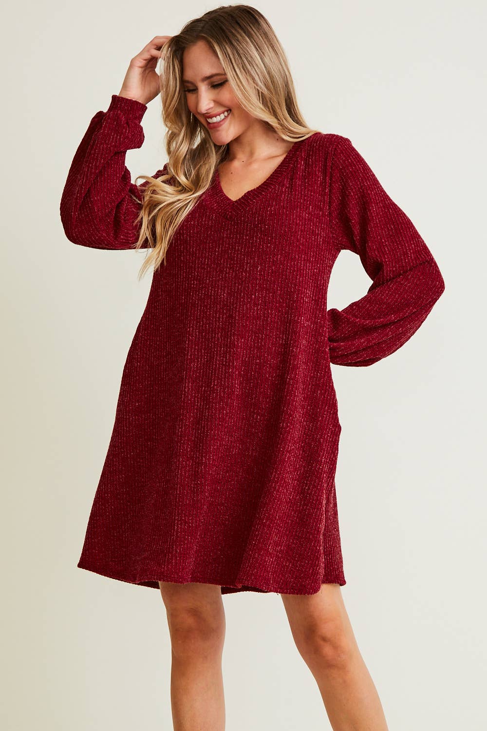 Saints & Hearts - Wholesale Dress - Women's - SD2109A WINE V-NECK RIB SWEATER DRESS - FALL TREND2