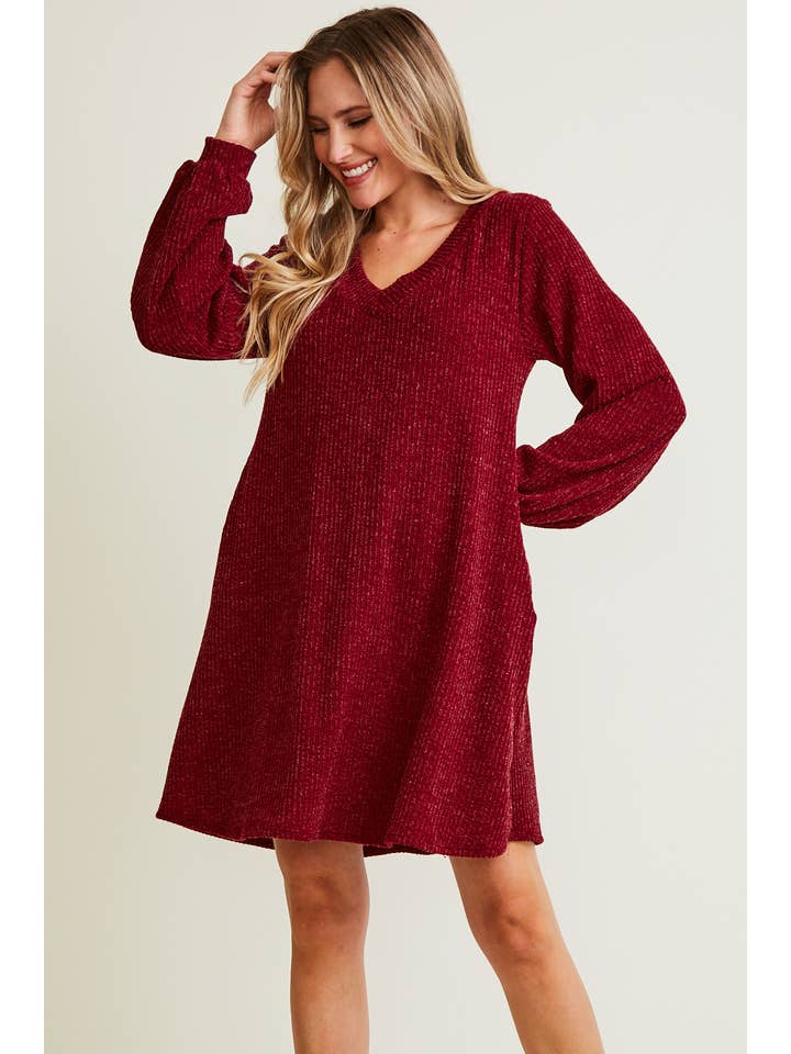 Saints & Hearts - Wholesale Dress - Women's - SD2109A WINE V-NECK RIB SWEATER DRESS - FALL TREND2